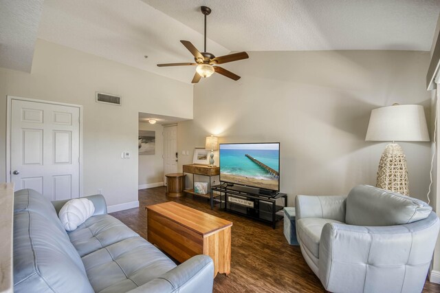 236 Village Blvd Unit 1303, Tequesta, FL 33469 - living room featuring ceiling fan, baseboards, wood finished floors, and high vaulted ceiling