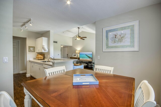 236 Village Blvd Unit 1303, Tequesta, FL 33469 - dining room with rail lighting, ceiling fan, a textured ceiling, vaulted ceiling, and baseboards