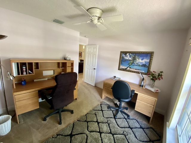 225 Clocktower Dr, Jupiter, FL 33458 - home office featuring carpet, ceiling fan, baseboards, a textured ceiling, and built in study area