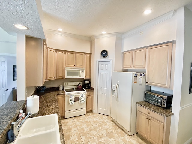 225 Clocktower Dr, Jupiter, FL 33458 - kitchen featuring white appliances, a sink, light brown cabinetry, a textured ceiling, and light tile patterned floors