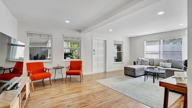 218 NE 10th St, Delray Beach, FL 33444 - living area featuring plenty of natural light, wood finished floors, baseboards, recessed lighting, and beam ceiling