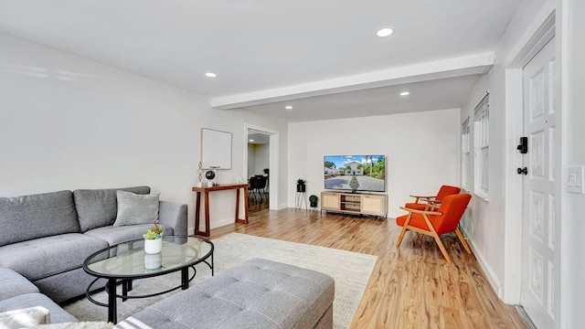 218 NE 10th St, Delray Beach, FL 33444 - living area with beamed ceiling, light wood-style flooring, recessed lighting, and baseboards
