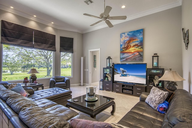 living area featuring crown molding, ceiling fan, light tile patterned floors, recessed lighting, and baseboards