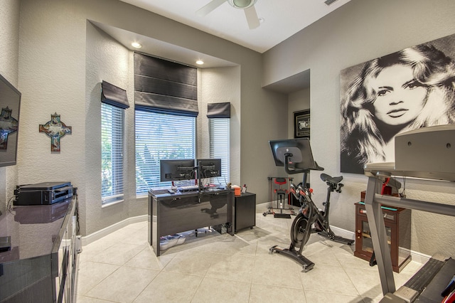 office featuring a textured wall, ceiling fan, light tile patterned floors, baseboards, and recessed lighting