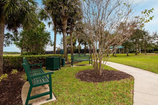 view of property's community featuring a lawn