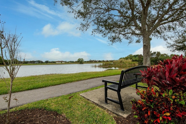view of home's community featuring a lawn and a water view