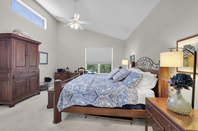 6179 Evian Pl, Boynton Beach, FL 33437 - bedroom with high vaulted ceiling, light carpet, and ceiling fan