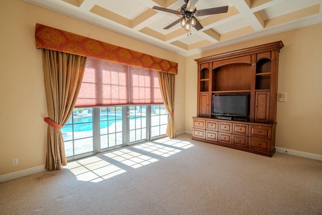 8979 Three Rail Dr, Boynton Beach, FL 33472 - unfurnished living room with coffered ceiling, light colored carpet, a ceiling fan, beamed ceiling, and baseboards
