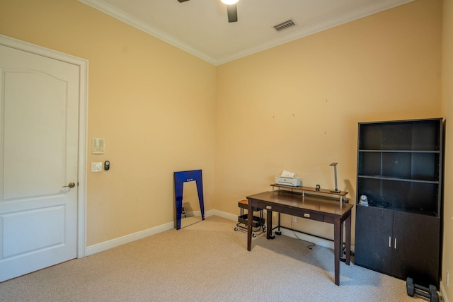 8979 Three Rail Dr, Boynton Beach, FL 33472 - carpeted office space with a ceiling fan, crown molding, and baseboards