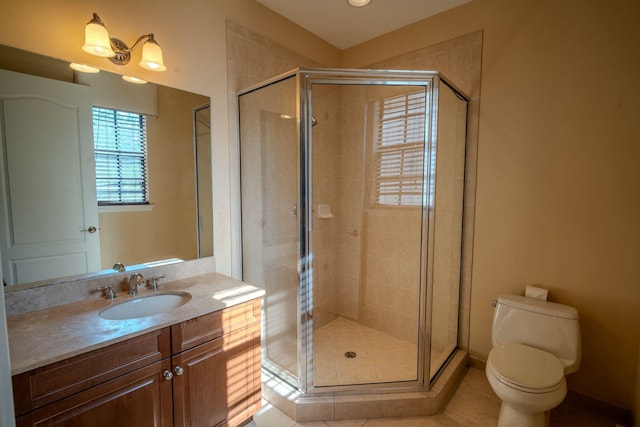 8979 Three Rail Dr, Boynton Beach, FL 33472 - bathroom with vanity, toilet, a stall shower, and tile patterned floors