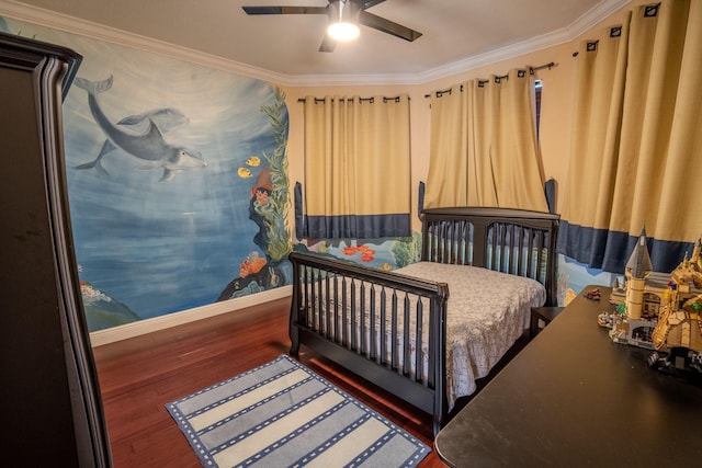 8979 Three Rail Dr, Boynton Beach, FL 33472 - bedroom with ornamental molding, wood finished floors, baseboards, and ceiling fan
