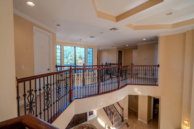 8979 Three Rail Dr, Boynton Beach, FL 33472 - staircase with recessed lighting and ornamental molding