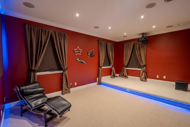 8979 Three Rail Dr, Boynton Beach, FL 33472 - home theater room featuring crown molding, recessed lighting, carpet floors, and baseboards