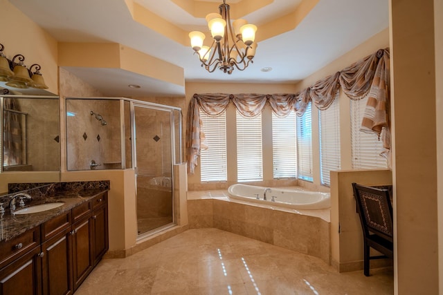 8979 Three Rail Dr, Boynton Beach, FL 33472 - full bath featuring vanity, a bath, a stall shower, a chandelier, and a raised ceiling