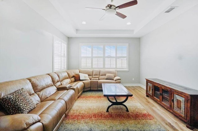 9196 Grand Prix Ln, Boynton Beach, FL 33472 - living room with light wood-style floors, a raised ceiling, ceiling fan, baseboards, and recessed lighting