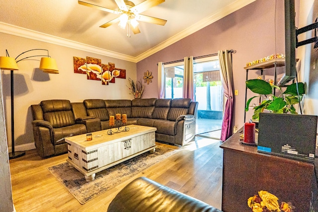1325 Strawberry Ln, West Palm Beach, FL 33415 - living area featuring light wood-style flooring, ceiling fan, lofted ceiling, and crown molding
