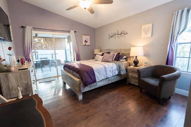 1325 Strawberry Ln, West Palm Beach, FL 33415 - bedroom with vaulted ceiling, access to exterior, dark wood-type flooring, and ceiling fan