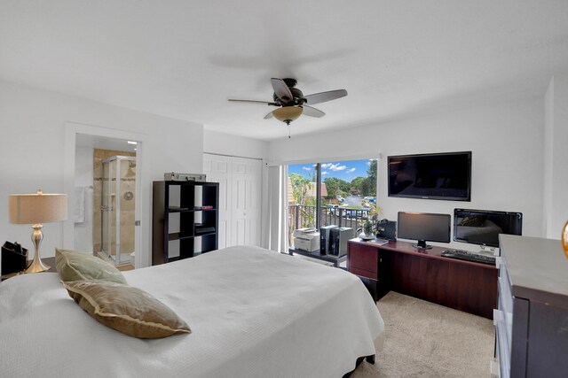 2938 SW 12th St, Deerfield Beach, FL 33442 - bedroom featuring a desk, light colored carpet, connected bathroom, ceiling fan, and a closet