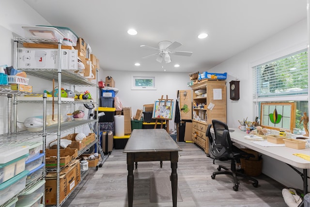 454 Tequesta Dr, Tequesta, FL 33469 - office area with ceiling fan, wood finished floors, and recessed lighting