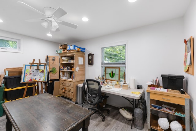 454 Tequesta Dr, Tequesta, FL 33469 - office area featuring wood finished floors, recessed lighting, and a ceiling fan