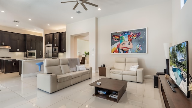 8520 Lewis River Rd, Delray Beach, FL 33446 - living room featuring ceiling fan, light tile patterned flooring, recessed lighting, and baseboards