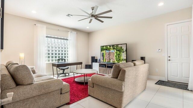 8520 Lewis River Rd, Delray Beach, FL 33446 - tiled living room featuring a ceiling fan, baseboards, and recessed lighting