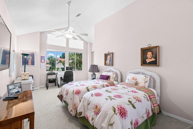 5846 NW 24th Ave Unit 202, Boca Raton, FL 33496 - carpeted bedroom featuring vaulted ceiling, baseboards, a ceiling fan, and a textured ceiling