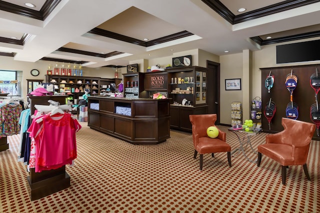 5846 NW 24th Ave Unit 202, Boca Raton, FL 33496 - welcome area with ornamental molding, coffered ceiling, and a bar