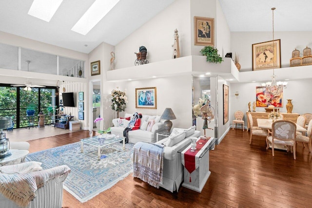 5846 NW 24th Ave Unit 202, Boca Raton, FL 33496 - living room with high vaulted ceiling, a skylight, wood-type flooring, and a chandelier