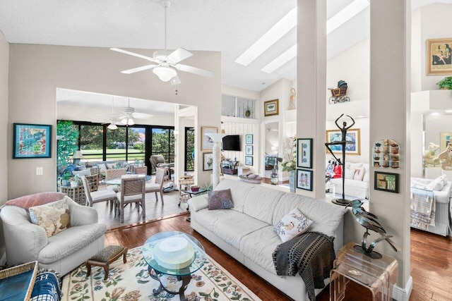 5846 NW 24th Ave Unit 202, Boca Raton, FL 33496 - living area featuring a ceiling fan, high vaulted ceiling, and wood finished floors