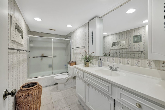 1800 SE Saint Lucie Blvd Unit 2-204, Stuart, FL 34996 - full bathroom featuring vanity, bath / shower combo with glass door, wallpapered walls, toilet, and recessed lighting