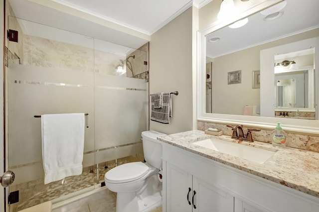 1800 SE Saint Lucie Blvd Unit 2-204, Stuart, FL 34996 - bathroom featuring crown molding, toilet, a stall shower, vanity, and tile patterned flooring