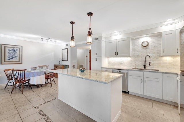1800 SE Saint Lucie Blvd Unit 2-204, Stuart, FL 34996 - kitchen featuring stainless steel dishwasher, a sink, crown molding, light tile patterned floors, and backsplash