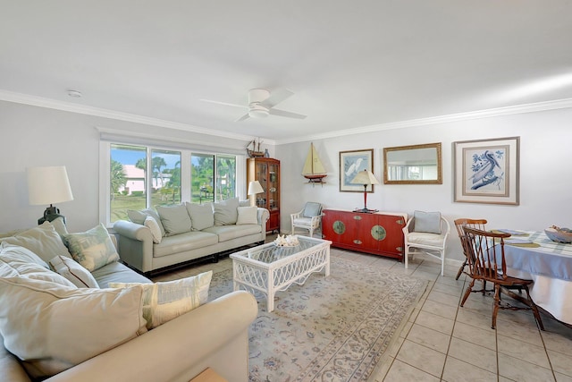 1800 SE Saint Lucie Blvd Unit 2-204, Stuart, FL 34996 - living area with crown molding, a ceiling fan, and light tile patterned flooring