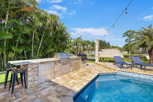 swimming pool featuring a patio area and an outdoor bar