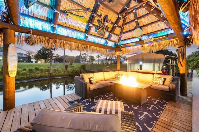 lobby with a high ceiling and a water view