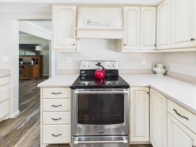 2045 SW 18th Ln, Okeechobee, FL 34974 - kitchen featuring stainless steel electric stove, wood finished floors, and light countertops