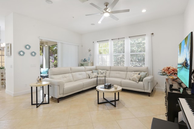 10171 SW Dolce Rd, Port Saint Lucie, FL 34986 - living area featuring a ceiling fan, recessed lighting, baseboards, and light tile patterned floors