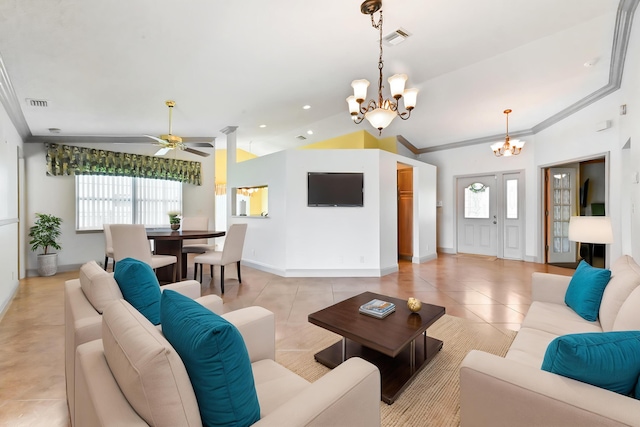 8586 Brian Blvd, Boynton Beach, FL 33472 - living area with a chandelier, lofted ceiling, ceiling fan, light tile patterned floors, and crown molding
