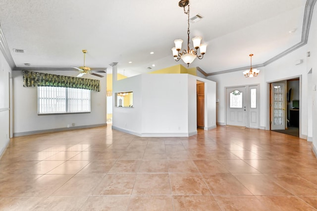 8586 Brian Blvd, Boynton Beach, FL 33472 - unfurnished room featuring a chandelier, ornamental molding, vaulted ceiling, light tile patterned flooring, and ceiling fan