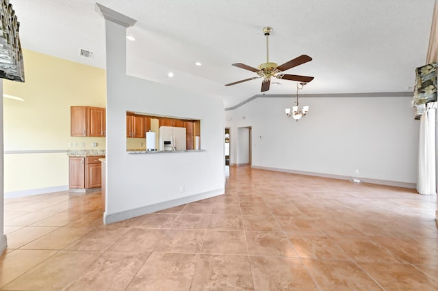 8586 Brian Blvd, Boynton Beach, FL 33472 - unfurnished living room featuring ceiling fan, light tile patterned flooring, a chandelier, baseboards, and recessed lighting