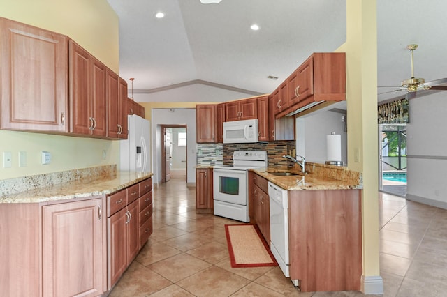 8586 Brian Blvd, Boynton Beach, FL 33472 - kitchen with white appliances, vaulted ceiling, light tile patterned floors, a sink, and ceiling fan