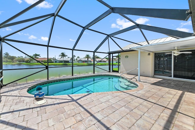 8586 Brian Blvd, Boynton Beach, FL 33472 - outdoor pool featuring a patio, a water view, ceiling fan, and a lanai