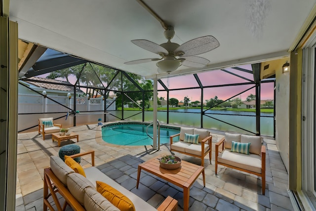 8586 Brian Blvd, Boynton Beach, FL 33472 - outdoor pool featuring a water view, an outdoor living space, a patio, and glass enclosure