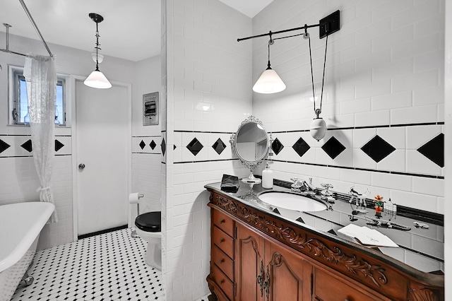 1328 SE 3rd Ave, Deerfield Beach, FL 33441 - bathroom with tile walls, a soaking tub, vanity, toilet, and a shower with shower curtain