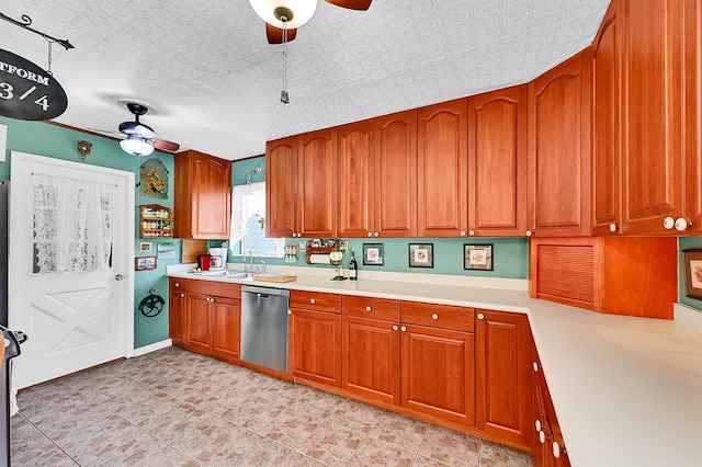 1328 SE 3rd Ave, Deerfield Beach, FL 33441 - kitchen featuring ceiling fan, dishwasher, light countertops, brown cabinetry, and an ornate ceiling
