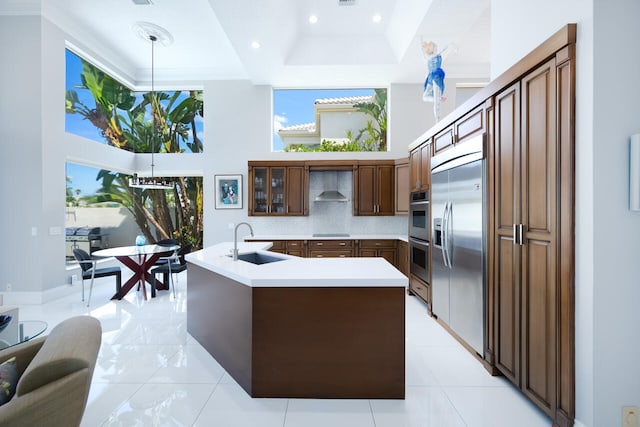 6051 NW 24th Ter, Boca Raton, FL 33496 - kitchen with a sink, appliances with stainless steel finishes, wall chimney exhaust hood, a towering ceiling, and light countertops