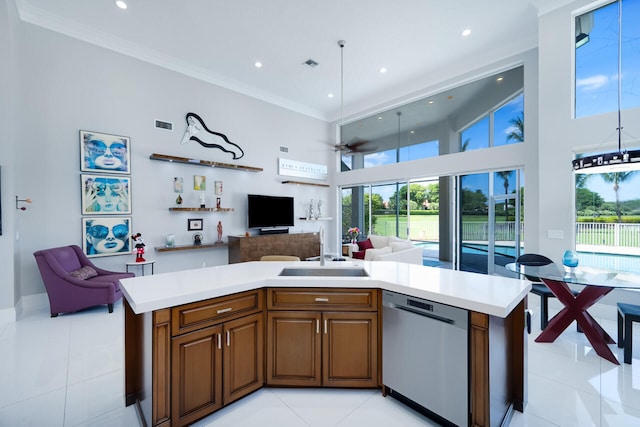 6051 NW 24th Ter, Boca Raton, FL 33496 - kitchen featuring stainless steel dishwasher, open floor plan, a sink, light tile patterned floors, and crown molding