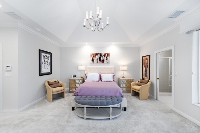 6051 NW 24th Ter, Boca Raton, FL 33496 - bedroom featuring carpet floors, lofted ceiling, a chandelier, baseboards, and ornamental molding