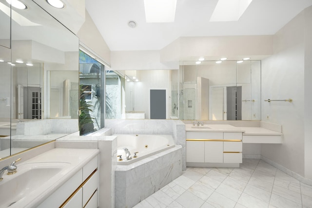 6051 NW 24th Ter, Boca Raton, FL 33496 - full bath with marble look tiles, a jetted tub, a skylight, two vanities, and a stall shower